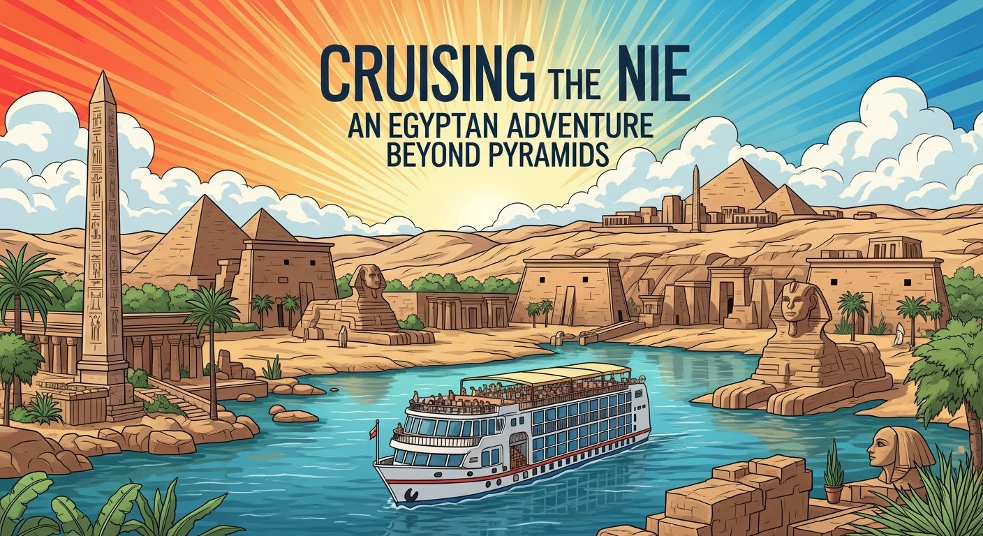 A luxurious cruise boat sailing down the Nile River at sunset with palm trees visible on the bank.